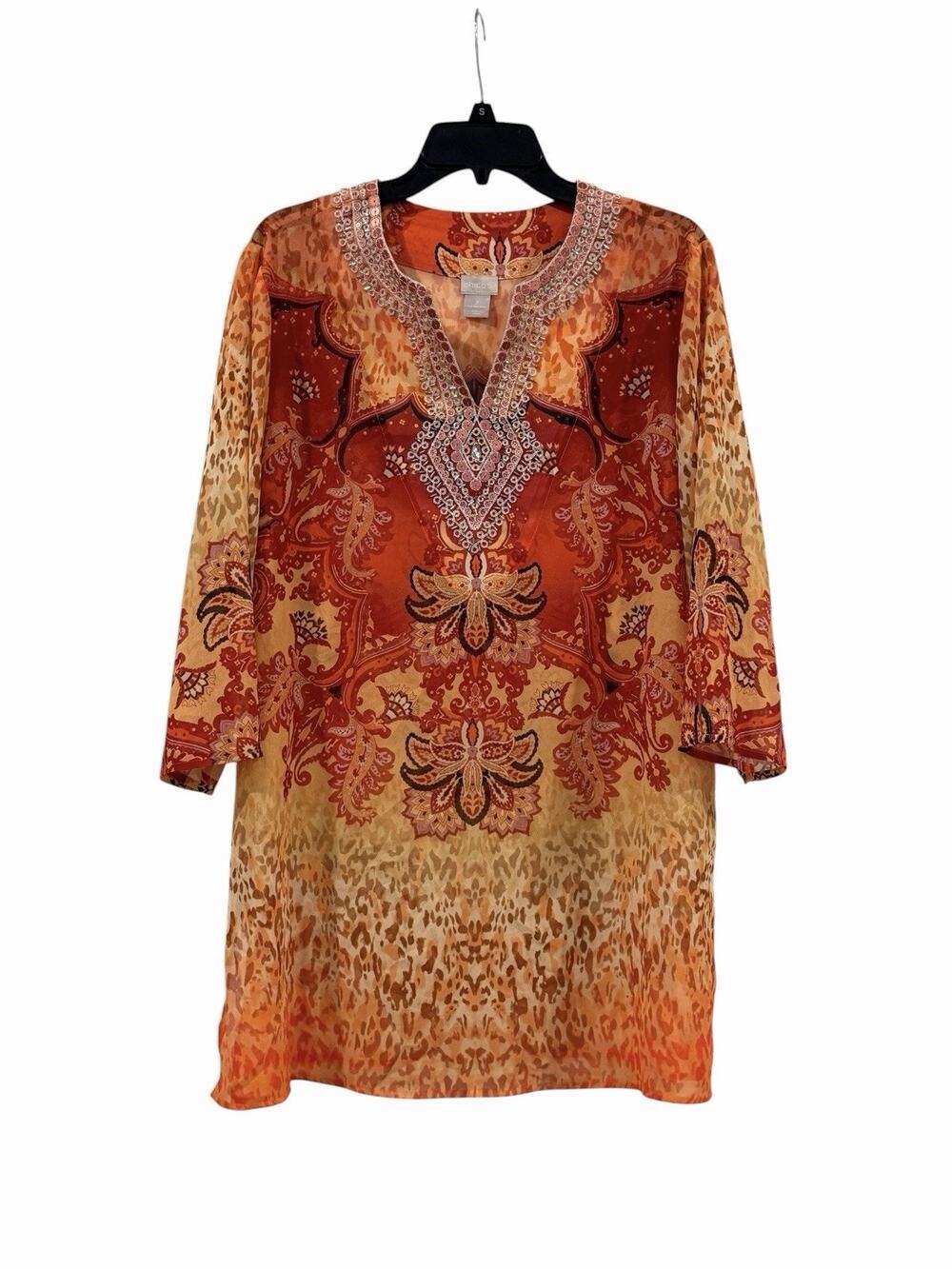 Chicos Tunic Top Sz 2 XL Sheer V-Neck Beaded Blouse Top Boho Hippie Colorful
